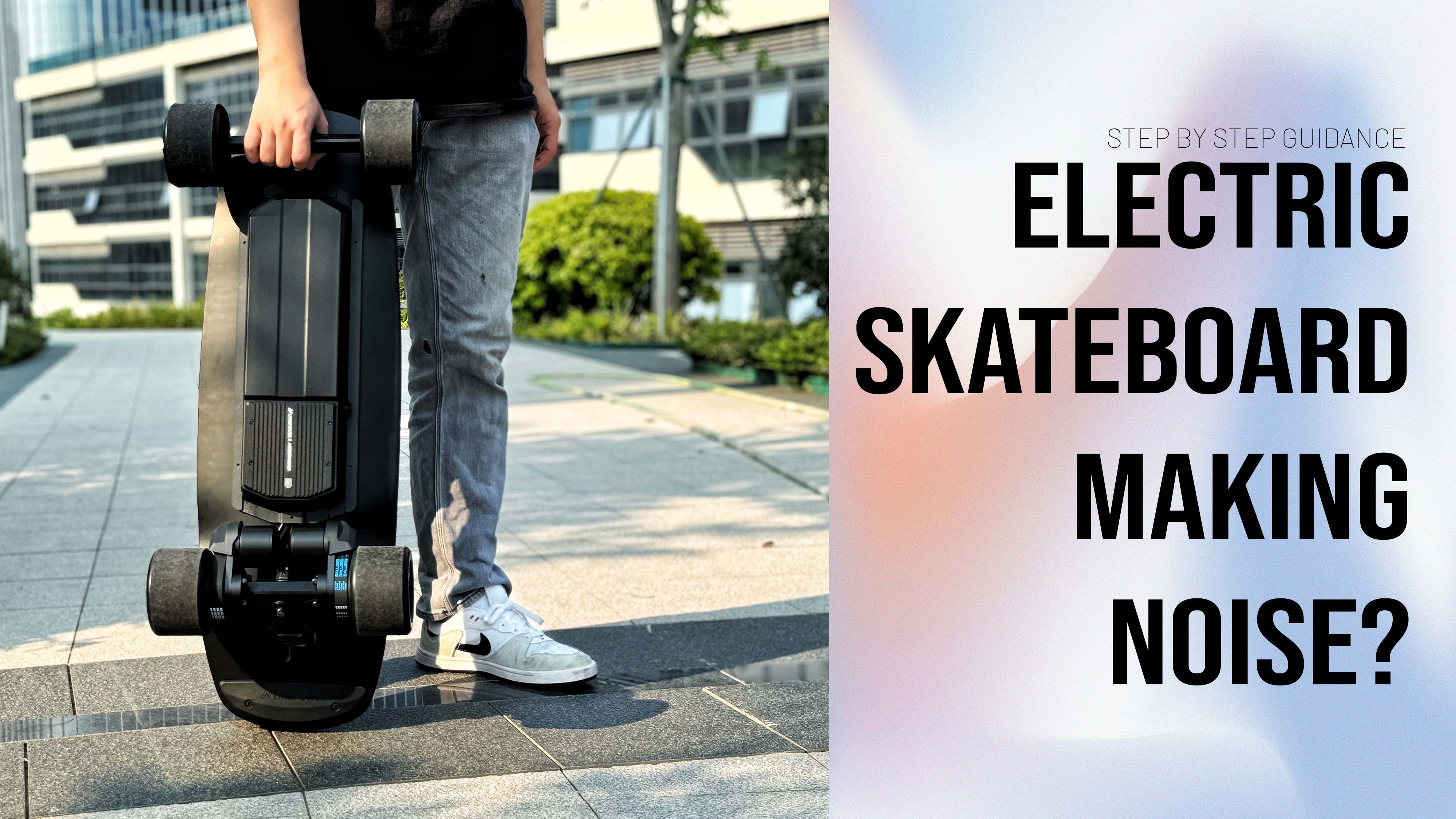 Diagnosing electric skateboard noise: inspecting a belt-drive and gear-drive motor system.orkshop bench